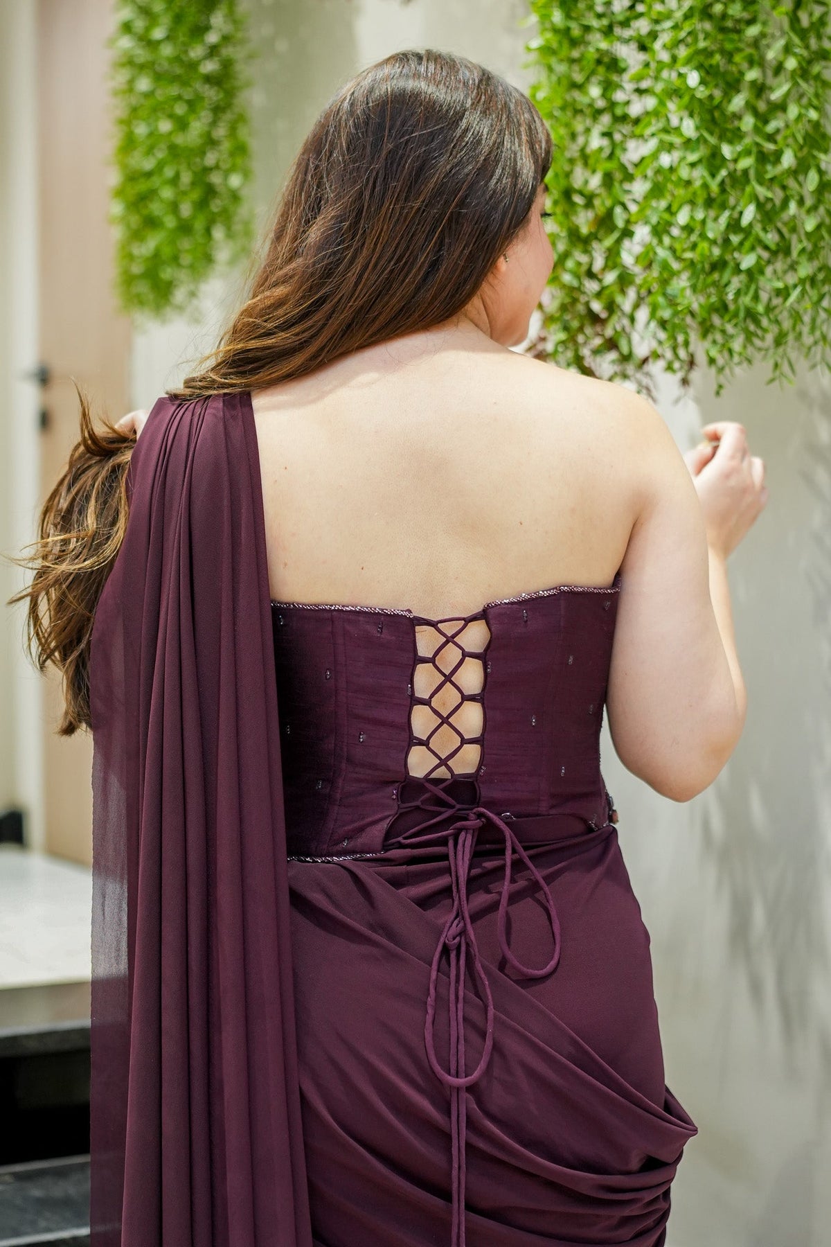 Fira Wine Crystal Embellished Corset Drape Saree