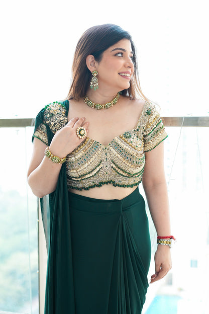 Raha Green Embroidered Drape Saree
