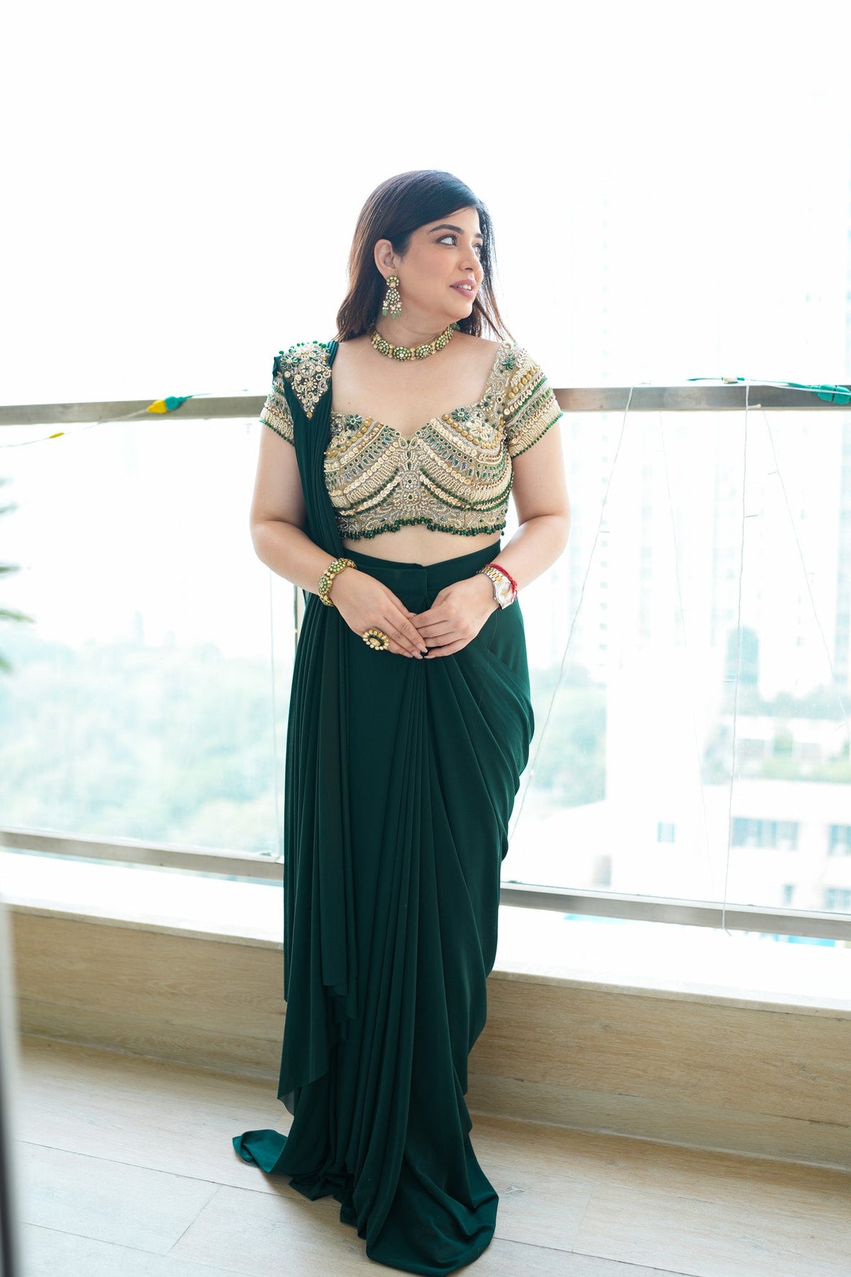Raha Green Embroidered Drape Saree