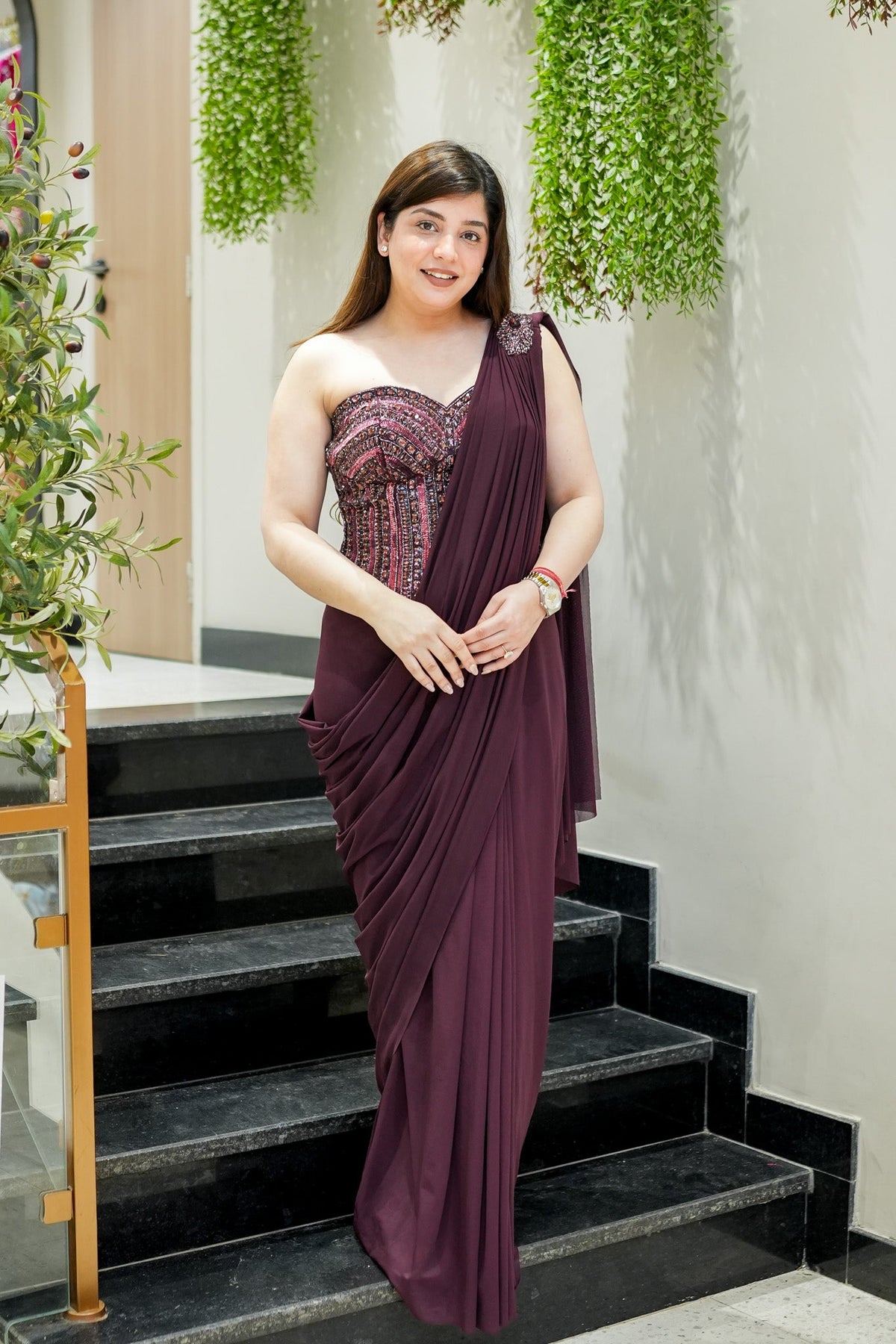 Fira Wine Crystal Embellished Corset Drape Saree