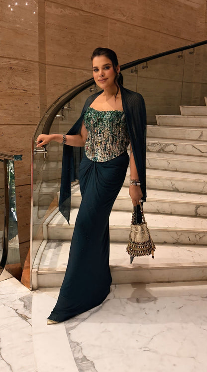 Yuza Green Embroidered Skirt Set