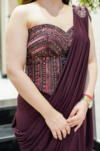 Fira Wine Crystal Embellished Corset Drape Saree