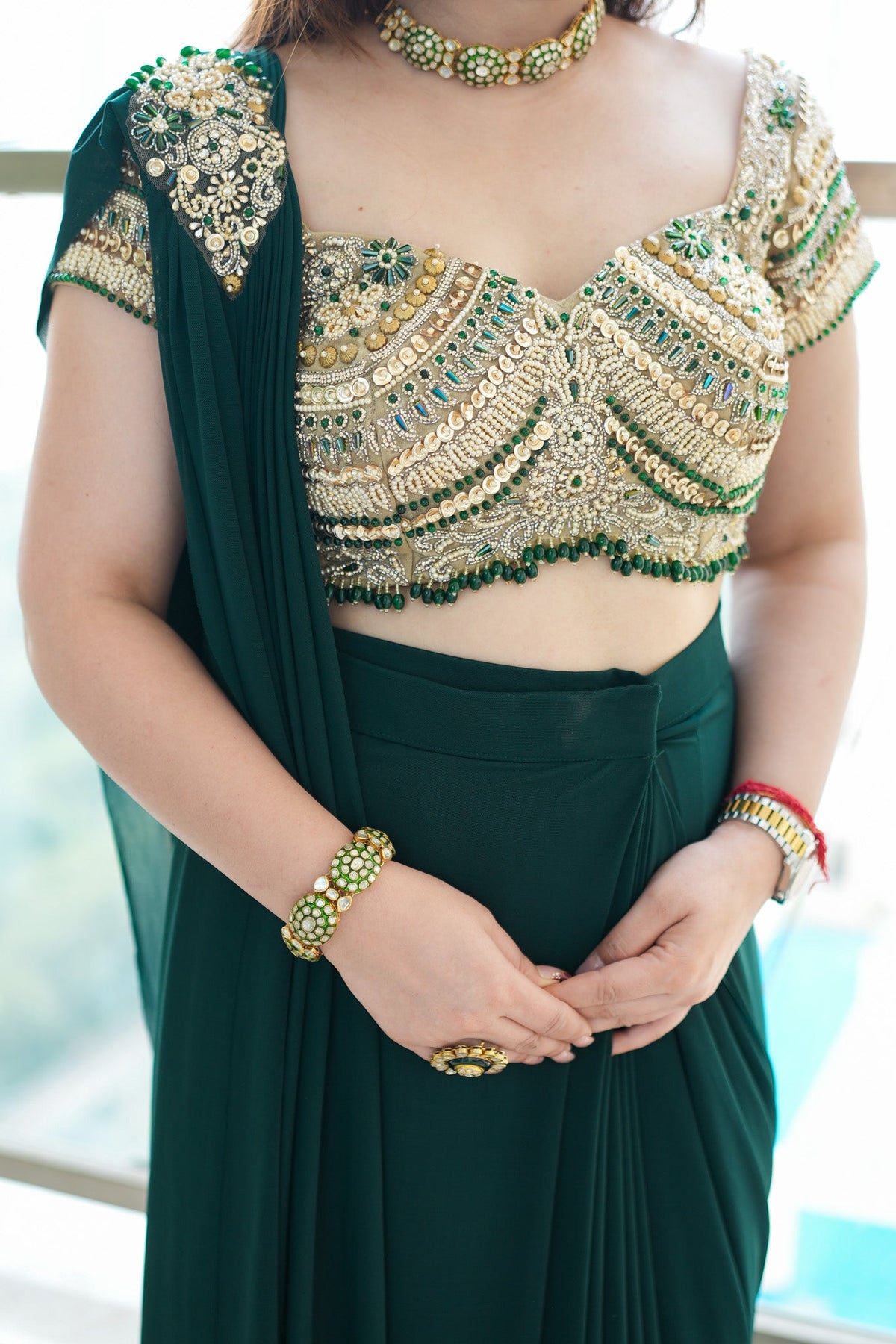 Raha Green Embroidered Drape Saree