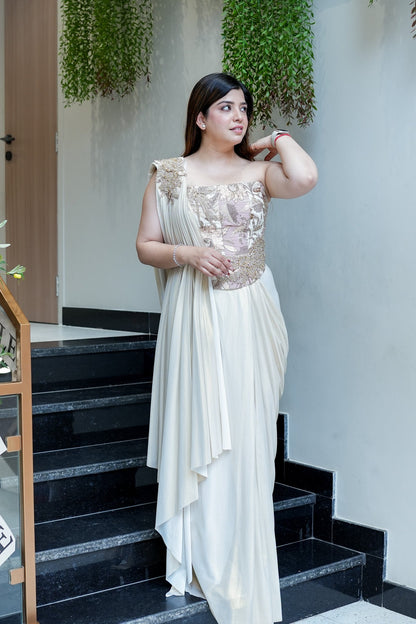 Kamra Champagne Cordset Drape Saree