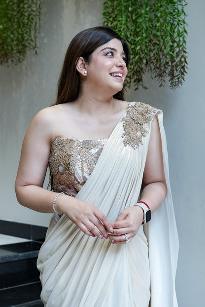 Kamra Champagne Cordset Drape Saree