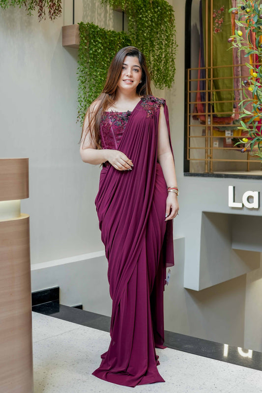 Sheeya Wine Embroidered Corset Drape Saree