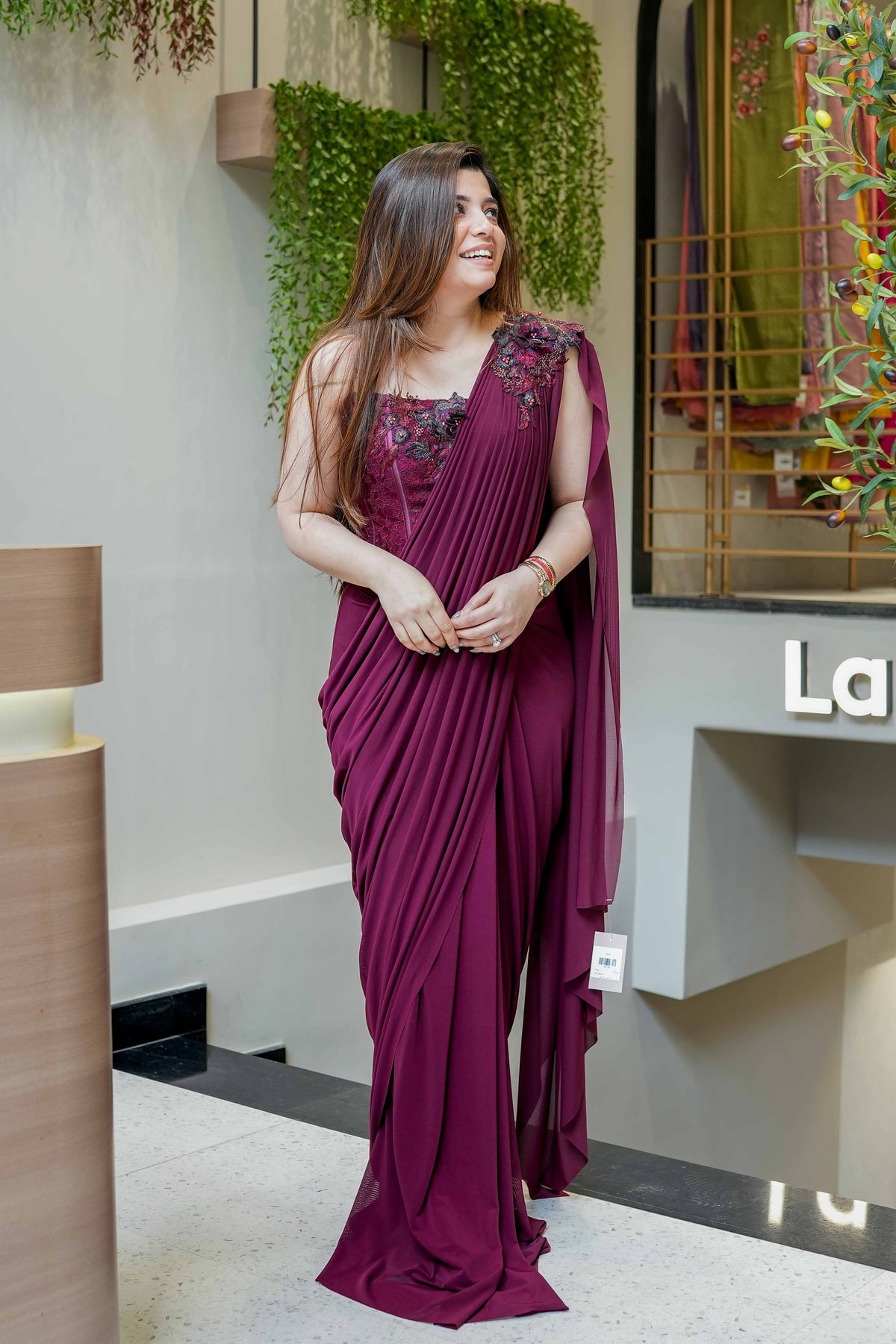 Sheeya Wine Embroidered Corset Drape Saree
