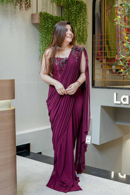 Sheeya Wine Embroidered Corset Drape Saree