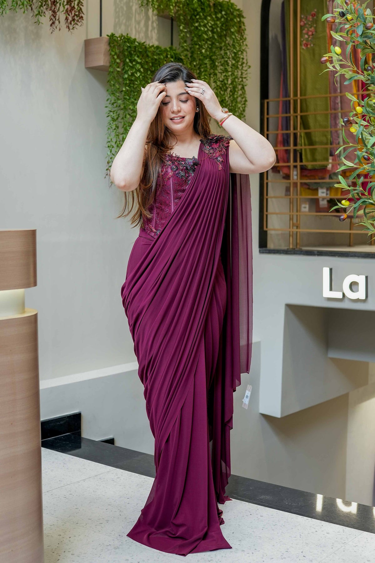 Sheeya Wine Embroidered Corset Drape Saree