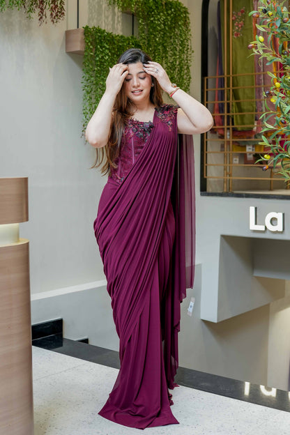 Sheeya Wine Embroidered Corset Drape Saree