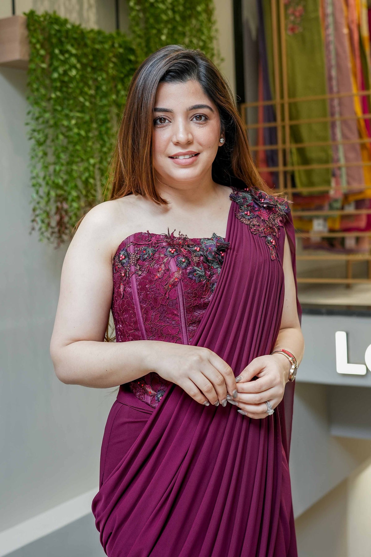 Sheeya Wine Embroidered Corset Drape Saree