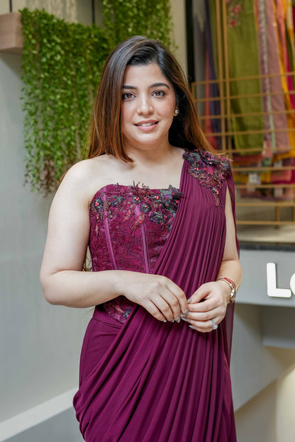 Sheeya Wine Embroidered Corset Drape Saree