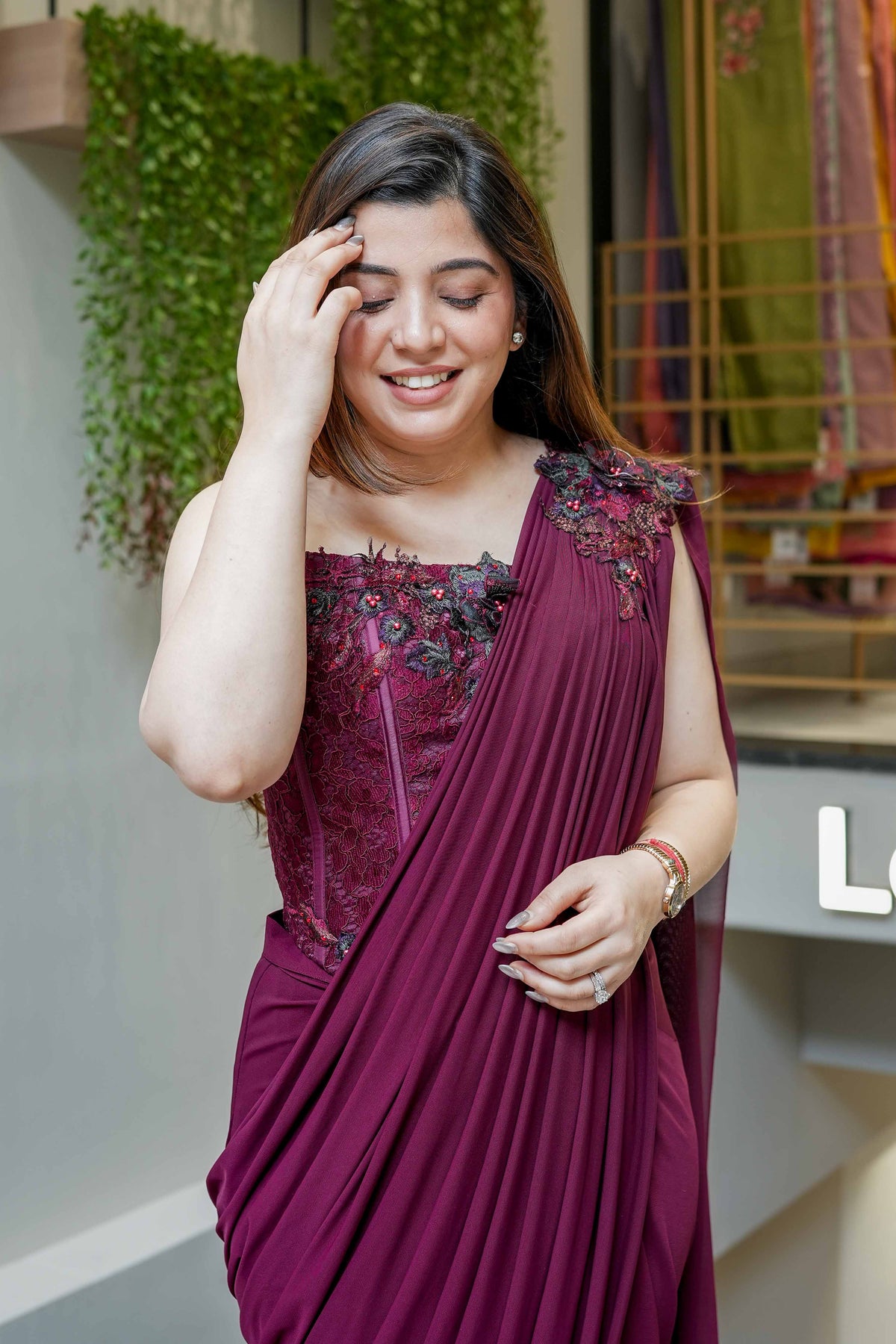 Sheeya Wine Embroidered Corset Drape Saree