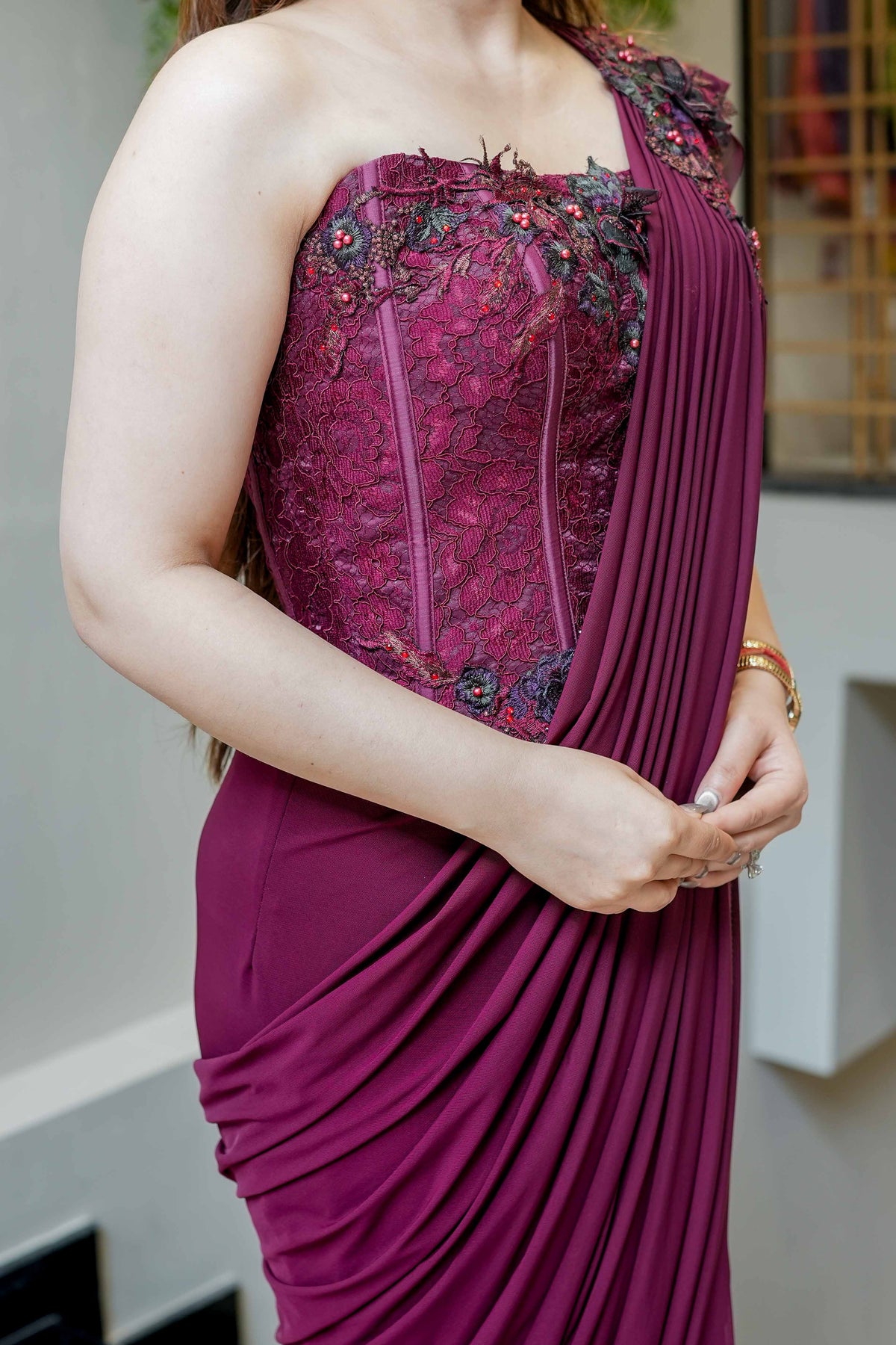 Sheeya Wine Embroidered Corset Drape Saree