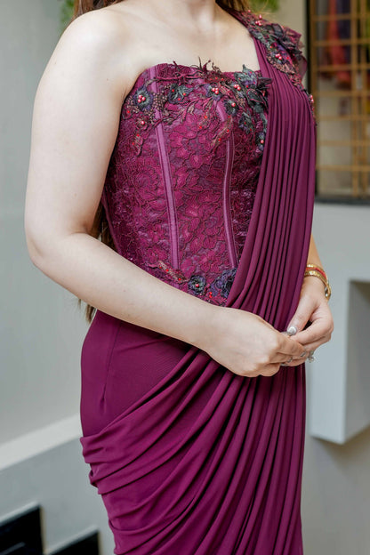 Sheeya Wine Embroidered Corset Drape Saree