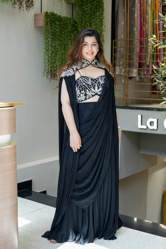 Ira Black Sharara Drape With Cape