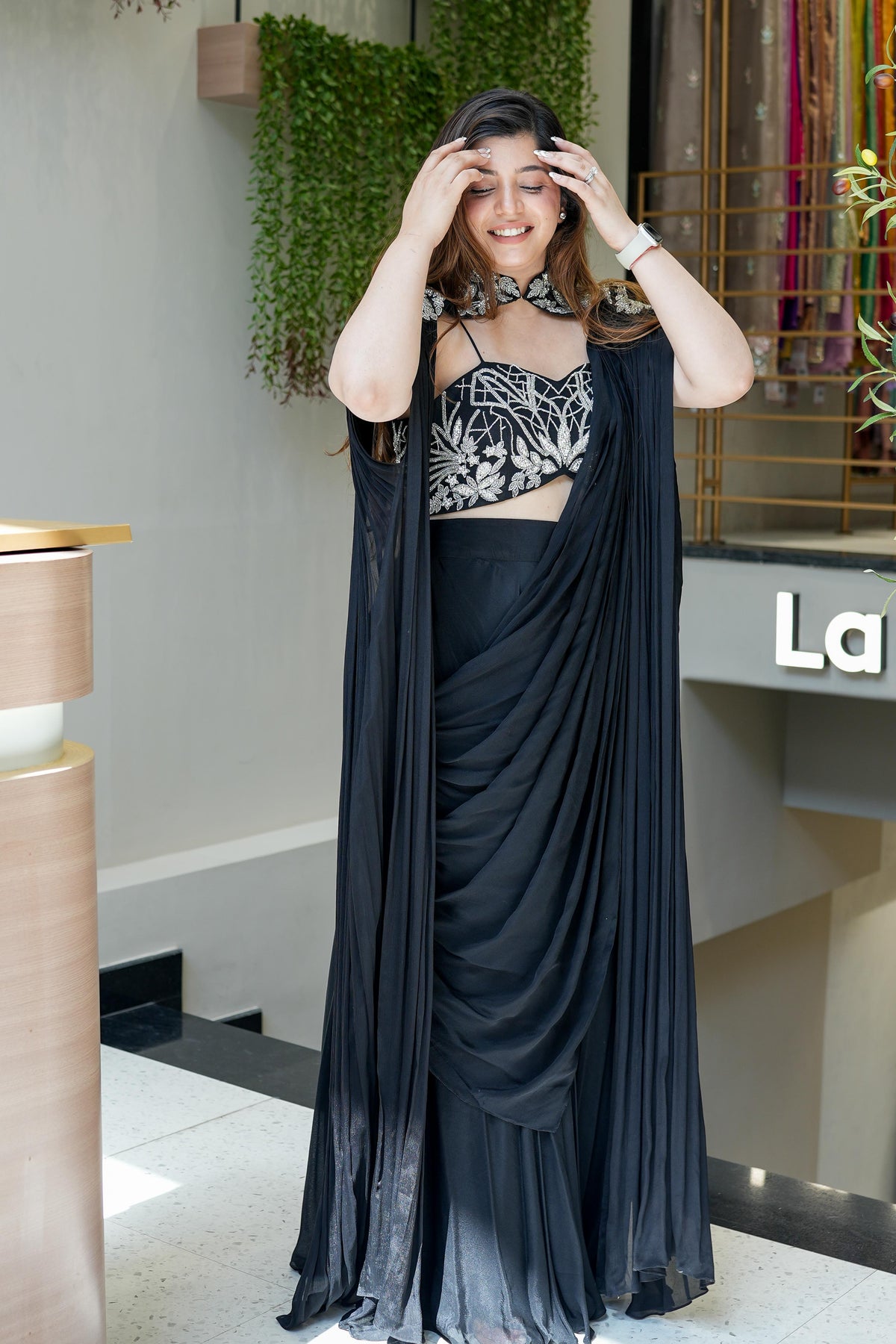 Ira Black Sharara Drape With Cape