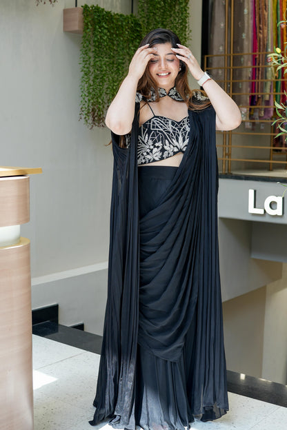 Ira Black Sharara Drape With Cape