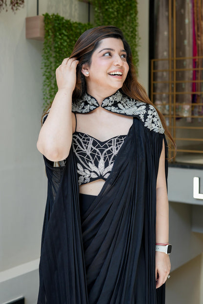 Ira Black Sharara Drape With Cape
