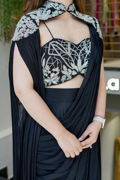 Ira Black Sharara Drape With Cape