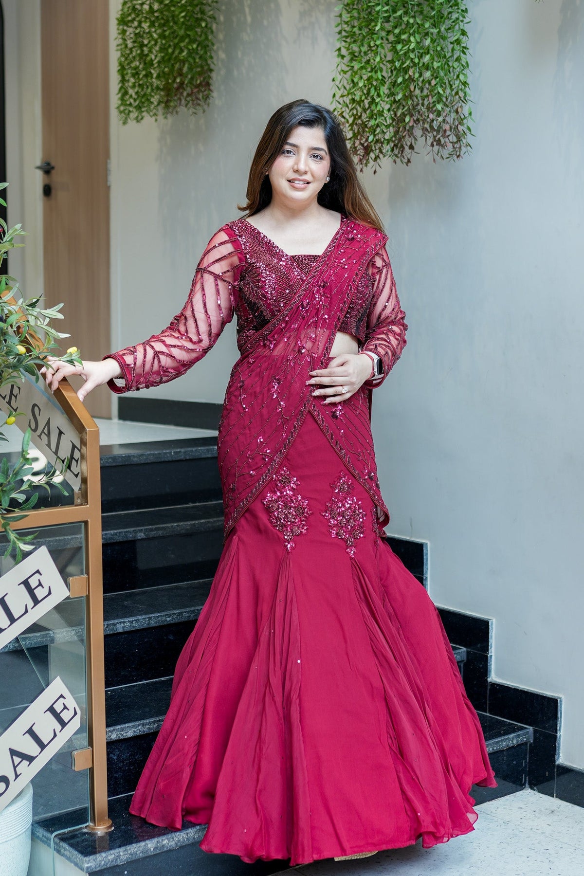 Viha Wine Embroidered Fish Cut Drape Saree