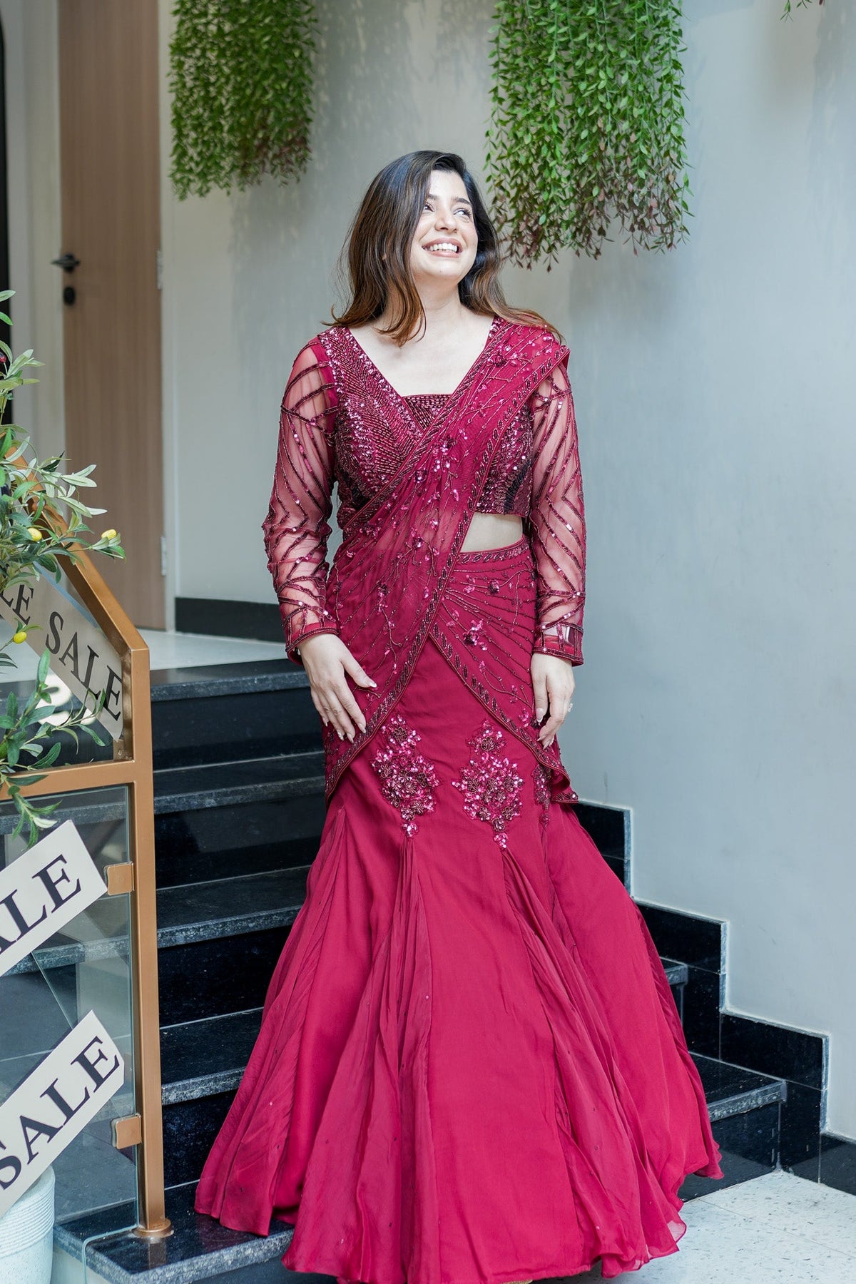 Viha Wine Embroidered Fish Cut Drape Saree
