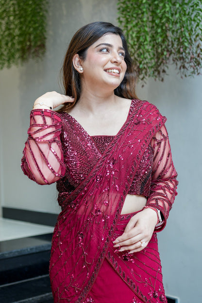 Viha Wine Embroidered Fish Cut Drape Saree