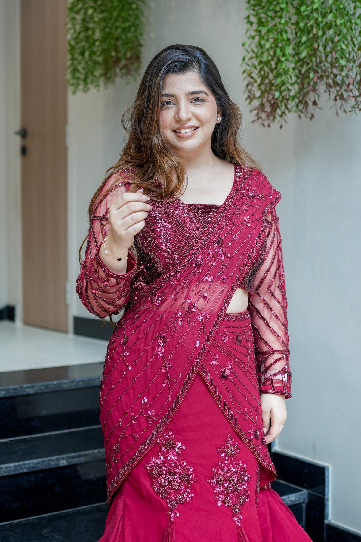 Viha Wine Embroidered Fish Cut Drape Saree