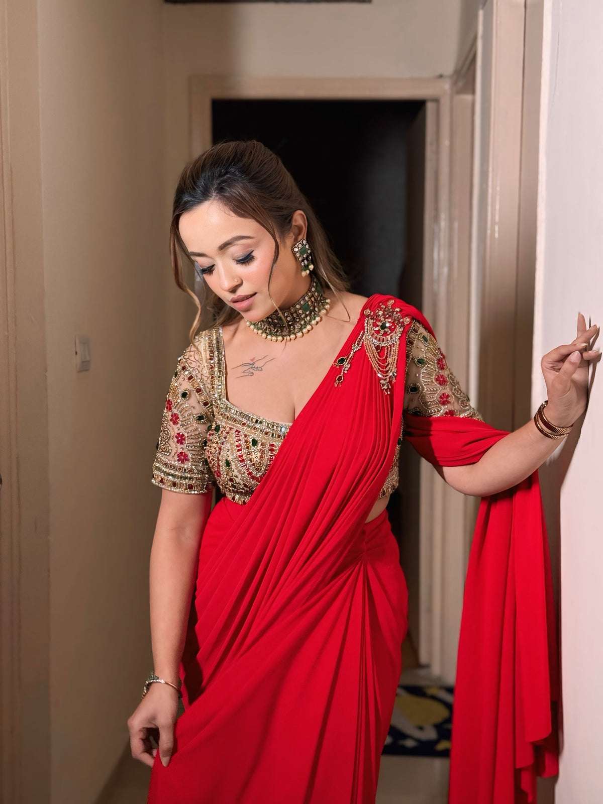 Raha Red Embroidered Drape Saree