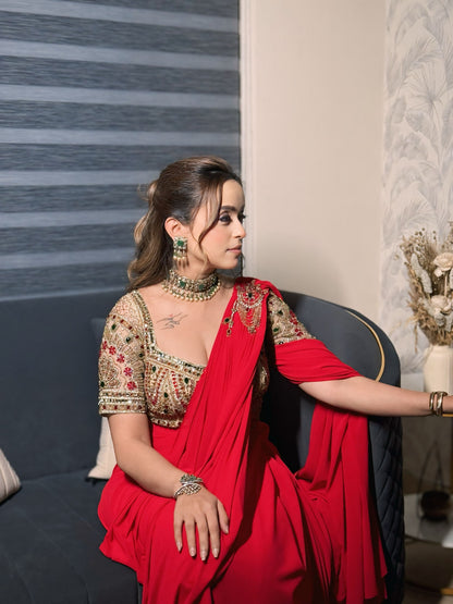 Raha Red Embroidered Drape Saree