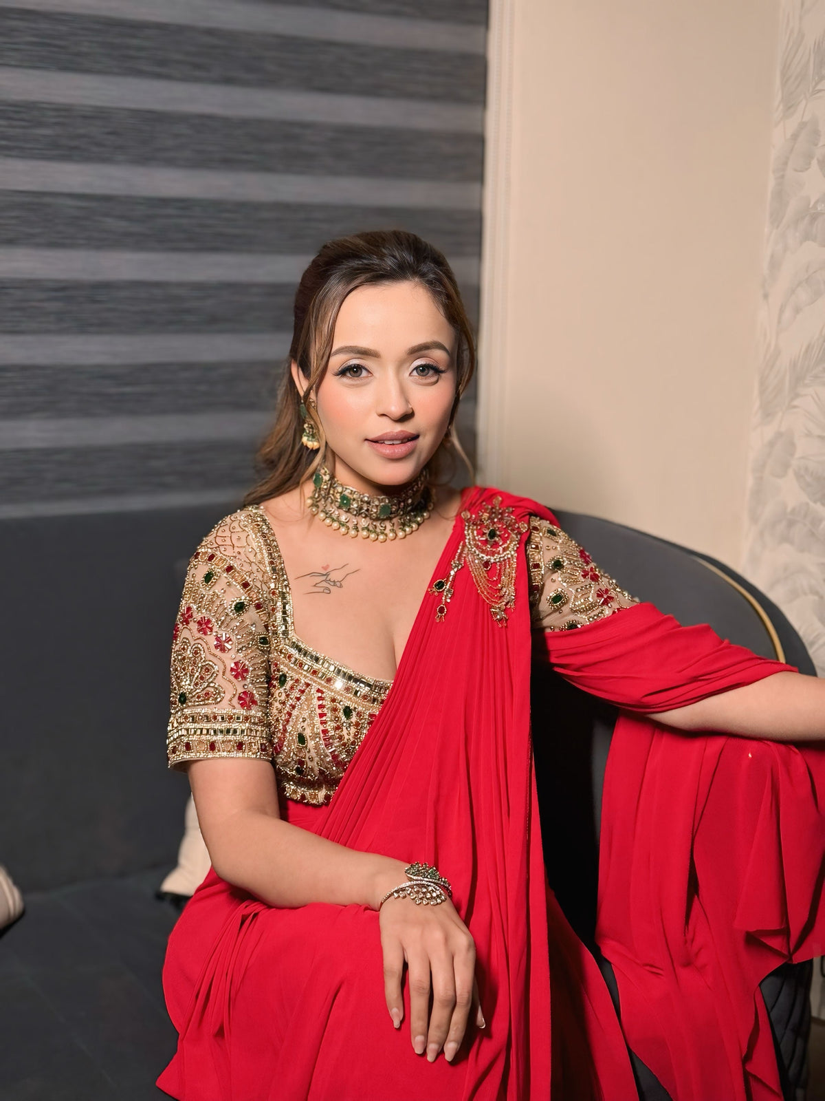 Raha Red Embroidered Drape Saree