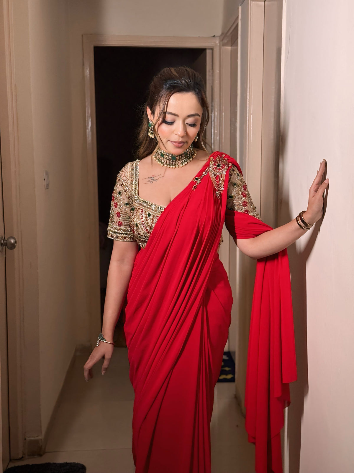 Raha Red Embroidered Drape Saree