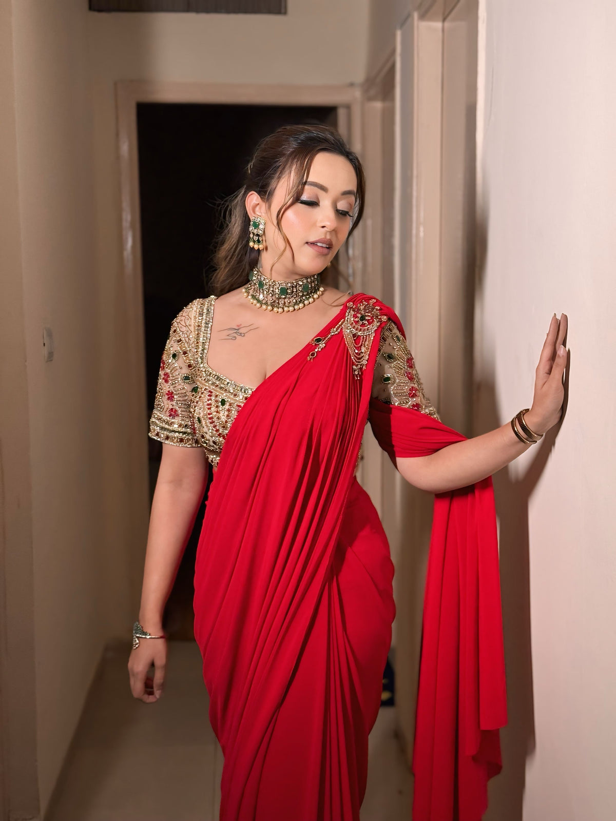 Raha Red Embroidered Drape Saree