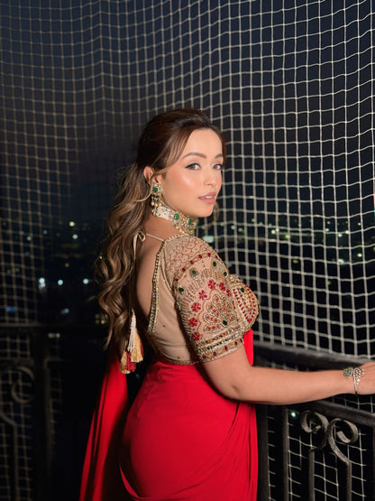 Raha Red Embroidered Drape Saree