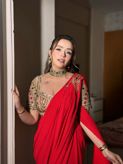 Raha Red Embroidered Drape Saree