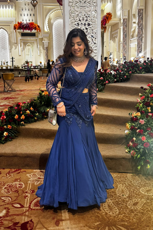 Viha Blue Hand Embroidered Fish Cut Drape Saree